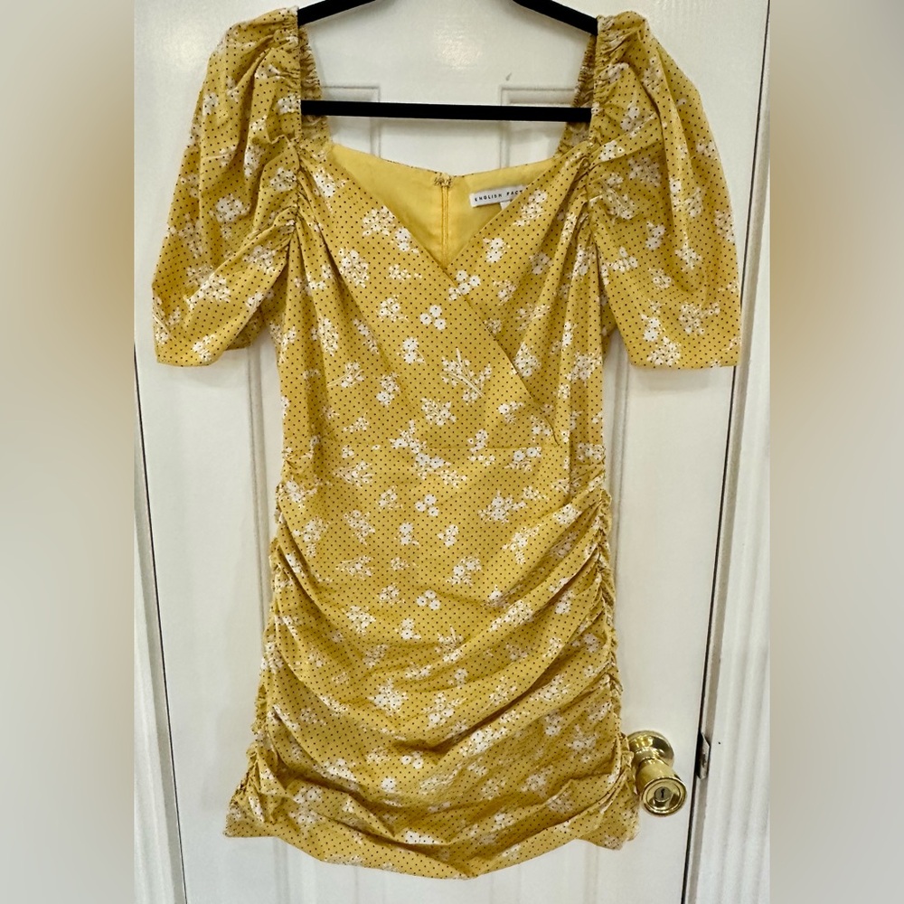 English Factory Yellow Floral Ruched Mini Dress in Women’s Size Medium
